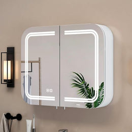 Plantex Steel LED Bathroom Mirror Cabinet/Bathroom Box/Double Door Round Corner Mirror with Storage (28x23 Inch-White)