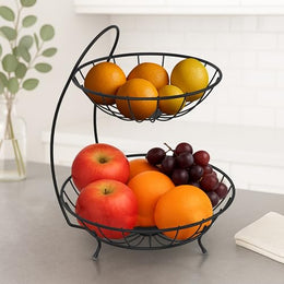 Plantex Heavy Steel 2-Tier Fruit & Vegetable Basket For Dining Table/Kitchen - Countertop (Black), 9 Liter , 23 x 32 x 28 Centimeters