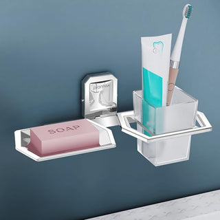 Plantex Platinum Stainless Steel 304 Grade Cute 2in1 Soap Dish with Tumbler Holder/Soap Stand/Tooth Brush Holder/Bathroom Accessories(Chrome) - Pack of 1