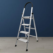 Plantex Surestep 4 Step Aluminum Ladder for Home/Non-Slip Wide-Step Foldable Ladder with Knee Guard, PVC Shoes and Cross Bars (Anodize-Silver)