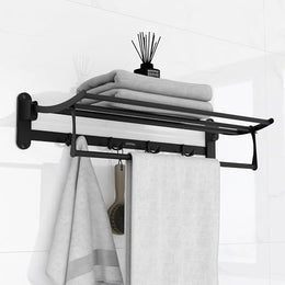 Plantex Stainless Steel Folding Towel Rack for Bathroom/Towel Rod with Hooks/Towel Stand/Towel Holder/Bathroom Accessories (24 inch) Matt Black
