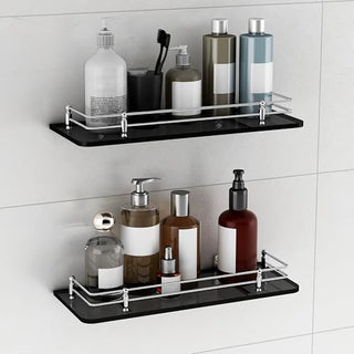 Plantex Heavy Duty Black Glass Shelf for Bathroom/Kitchen Wall Shelf/Living Room Glass Shelf, Polished (15x6 Inches Pack of 2)