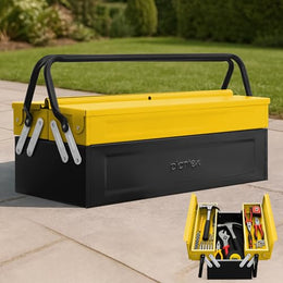 Plantex Metal Tool Box for Home Use/3 Cabinet Empty Tool Kit Box With Large Capacity & Strong Handle/Tools Box/Tool Organizer for Essential Tools - (Yellow & Black)