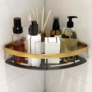 Plantex Self Adhesive Bathroom Corner Shelf/Aluminium Wall Mounted Rack for Kitchen Corner with Golden Railing & Magic Stickers/Bathroom Accessories (9x9 inches, Gold & Black)