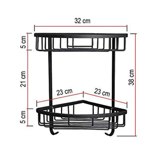 Plantex Stainless Steel Corner Shelf for Bathroom Wall/Bathroom Corner Rack with Hooks/Bathroom Organiser with Drill (2-Tier, Black)