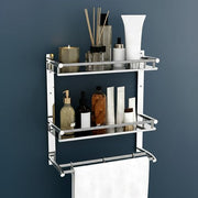 Plantex Bathroom Organizer with Drill/Stainless Steel Bathroom Rack Shelf with Towel Holder/Towel Rod and Hooks (3-Tier, Chrome)