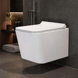 Plantex Platinum Ceramic Wall Hung Commode/P Trap Western Commode for Toilet/Rim Washdown Western Toilet with Soft Close Toilet Seat Cover- (White)