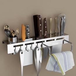 Plantex Multifunctional Stainless Steel Kitchen Cutlery Organizer/Knife Holder/Cutlery Stand/Spatula-Ladle Holder with Adjustable Hooks and Towel Hanger (Chrome)