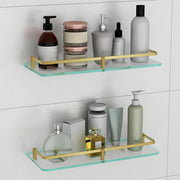 Plantex Frosted Glass Shelf for Bathroom/Shelf with Brass Railings and Brackets/Shelf for Living Room/Bedroom/Kitchen - Pack of 2 (15 x 6 inch, Brass Antique)