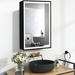 Plantex Aluminium Framed LED Mirror with Storage/Cabinet/Heavy-Duty Steel Body Bathroom Cupboard for Wall with Defogger and Bluetooth- 20x28 Inch, Black