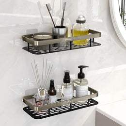 Plantex No Drill Bathroom Organiser/Self Adhesive Stainless Steel Shelf for Bathroom with Aluminium Railing/Shelf for Bedroom- Pack of 2 (12x5 inches, Satin & Black)