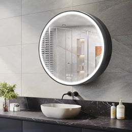 Plantex Aluminium Framed Round LED Bathroom Shelf for Wall with Mirror/Heavy-Duty Steel Body Bathroom Cabinet with Defogger and Bluetooth- 24x24 Inch, Black