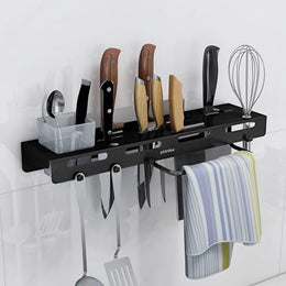 Plantex Self Adhesive Kitchen Cutlery Organizer/Knife Holder/Cutlery Stand/Spatula-Ladle Holder with Adjustable Hooks and Towel Hanger (Black)