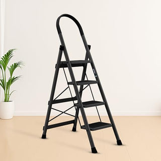 Plantex Steel Ladder for Home/Strong Foldable Wide 4 Step Ladder/Anti-Skid 4 Step Ladder - (Apex - Black)
