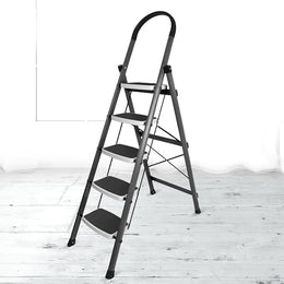 Plantex 5 Step Ladder - Foldable Steel -Wide Anti Skid Steps - 5 Year Manufacturer Warranty(Gray & White)