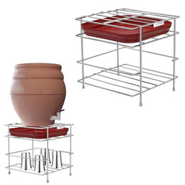 Plantex Matka Stand/Stainless Steel 2-Tier Matka Stands for Kitchen/Square Water Pot with Tray - (1186, Chrome)