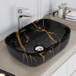 Plantex Ceramic Tabletop Washbasin for Bathroom/Table top Marble Basin/Countertop Wash Basin for Living Room/Bathroom Sink (Golden Veins - 18 x 13 x 5.5 Inch)
