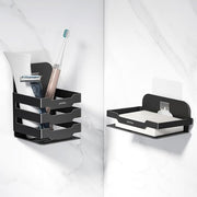 Plantex Self Adhesive Soap Dish with Tumbler Holder/Stainless Steel Soap Holder/Tooth Brush Stand for Bathroom Accessories (Black, Combo)