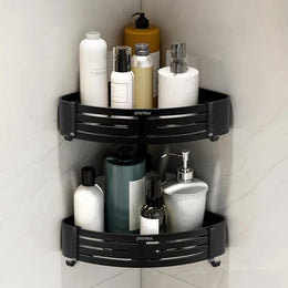 Plantex No Drill Bathroom Corner Shelves/Aluminium Self Adhesive Corner Shelf for Bathroom Wall/Bathroom Shelf Corner with Removable Hooks & Magic Stickers (9x9 inches, Matt Black) - Pack of 2