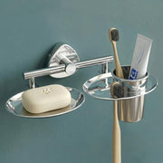 Plantex J4 Stainless Steel Soap Dish with Tumbler Holder/Soap and Brush Holder for Bathrooom/2 in 1 Soap Holder with Toothbrush Holder/Bathroom Accessories (Chrome Finish) Angel