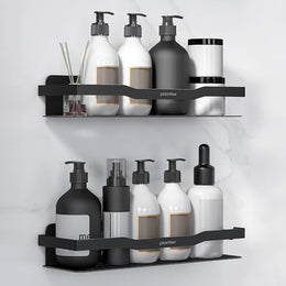 Plantex Stainless Steel Shelf for Bathroom Wall/Self Adhesive Bathroom Shelf/Bathroom Organiser Without Drill- Pack of 2 (Black 12x4 Inch)