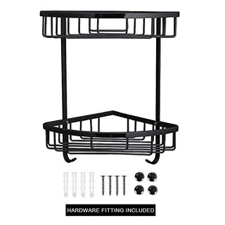 Plantex Stainless Steel Corner Shelf for Bathroom Wall/Bathroom Corner Rack with Hooks/Bathroom Organiser with Drill (2-Tier, Black)