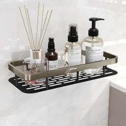 Plantex Bathroom Rack Without Drilling/Stainless Steel Bathroom Shelf for Wall with Aluminium Railing & Magic Stickers/Bathroom Accessories (12x5 inches, Satin & Black)