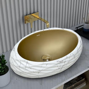Plantex Table Top Wash Basin For Bathroom/Designer Ceramic Basin/Countertop Vessel Sink Basin - Indo-European Collection (White & Gold - 24 x 16 x 7 Inch)