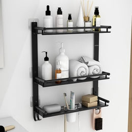 Plantex Self Adhesive Stainless Steel Shelf/Bathroom Organiser Without Drill/Shelf for Bathroom with Soap Dish/Toothbrush Holder/3 Tier Multipurpose Rack with Hooks (Black)