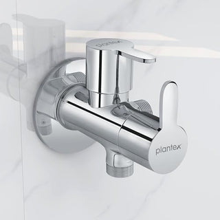 Plantex FLO-808 Pure Brass 2-Way Angle Valve/Angle Cocke for Bathroom With Brass Wall Flange & Teflon Tape (Mirror-Chrome Finish)