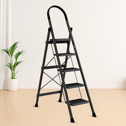 Plantex Steel Ladder for Home/Strong Foldable Wide 5 Step Ladder/Anti-Skid 5 Step Ladder - (Apex - Black)