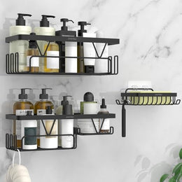 Plantex Bathroom Organiser Without Drill/Self Adhesive Bathroom Shelves and Soap Holder with Hooks/Multipurpose Shelf/Soap Stand - Combo (Black)