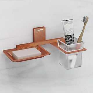 Plantex Soap Dish with Glass Toothbrush Holder for Bathroom/304 Grade Stainless Steel Soap Holder with Tumbler Holder/Soap Stand/Toothpaste Holder - Crystal (PVD Rose Gold)