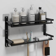 Plantex 5in1 Bathroom Organiser Without Drill/Stainless Steel Bathroom Shelf/Rack with Steel Soap Stand for Wall/Tumbler/Brush Holder/Bathroom Fittings Accessories Set (Black)
