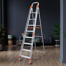 Plantex Secura 8 Step Aluminium Ladder for Home/Foldable Ladder with Safe Hand Rails/5 Year Manufacturer Warranty(Orange-Silver)
