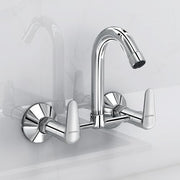 Plantex Pure Brass Bathroom Basin Mixer with Swivel Spout/Double Handle Hot & Cold Water Tap for Kitchen Sink with Brass Wall Flange & Teflon Tape (DOL-2315, Chrome)