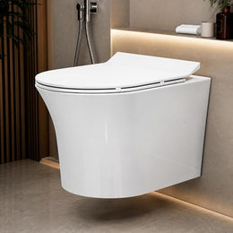 Plantex Platinum Ceramic Rimless Wall Mounted Commode/P Trap Washdown Flush Commode with Soft Close Toilet Seat Cover ( White )
