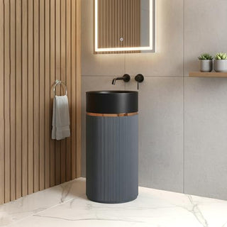 Plantex Matt Pedestal Wash Basin/Acrylic Resin & Quartz Free Standing Wash Basin/Round Basin For Bathroom/Home/Hotel/Restaurant- (Black And Grey, 16 X 16 X 34 Inch)