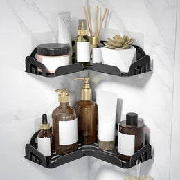 Plantex Self Adhesive Corner Shelf for Bathroom Wall/Stainless Steel Wall Mounted Corner Bathroom Shelf-Pack of 2 (10x10 Inch, Black)