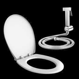Plantex Hygienic Toilet Combo/ Polypropylene Toilet Seat Cover for Bathroom/ Pure Brass Health Faucet set with 1.20 meter Hose Pipe for Toilet with Wall Hook - Combo (Chrome)