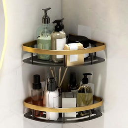 Plantex Bathroom Corner Shelf for Wall/Aluminium Self Adhesive Corner Stand for Kitchen with Golden Railing & Magic Stickers/Bathroom Accessories Items (9x9 inches, Gold & Black) - Pack of 2