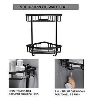 Plantex Stainless Steel Corner Shelf for Bathroom Wall/Bathroom Corner Rack with Hooks/Bathroom Organiser with Drill (2-Tier, Black)