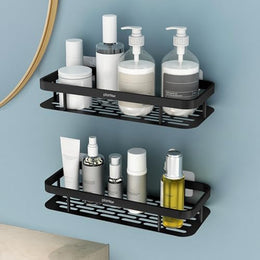 Plantex Bathroom Organiser Without Drill/Self Adhesive Stainless Steel Shelf for Bathroom with Aluminium Railing- Pack of 2 (12x5 inch, Black)