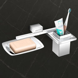 Plantex 2in1 Soap Dish with Tumbler Holder for Bathroom/304 Grade Stainless Steel Soap Holder with Toothbrush Holder/Bathroom Accessories - Pack of 1 (Tesla - 2708, Chrome)