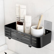 Plantex Self Adhesive Shelf for Bathroom Wall/Aluminium Kitchen Rack Adhesive with Removable Hooks & Magic Stickers/Bathroom Organiser Without Drill (12x5 inches, Matt Black)