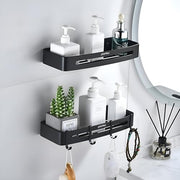 Plantex Bathroom Accessories Items/Space Aluminium Bathroom Shelf with Removable Hooks/Wall Mounted Shelf for Bathroom/Kitchen/Living Room - 12x5 inches, Black (Pack of 2)