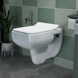 Plantex Platinum Ceramic Wall Hanging Western Toilet/Rim Washdown Commode for Toliet/Commode With Soft Close Toilet Seat - P Trap Outlet (White)