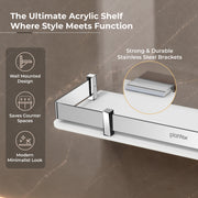 Plantex Wall Shelf for Bathroom Storage/Acrylic Washroom Shelf Organizer with Stainless Steel Railings/Bathroom Accessories (White, 15x6 inches)