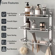 Plantex 3 Tier Bathroom Organizer/Stainless Steel Bathroom Accessories Set with Soap Dish and Brush Slots/Hooks/Tumbler Holder