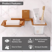 Plantex Soap Dish with Glass Toothbrush Holder for Bathroom/304 Grade Stainless Steel Soap Holder with Tumbler Holder/Soap Stand/Toothpaste Holder - Crystal (PVD Rose Gold)